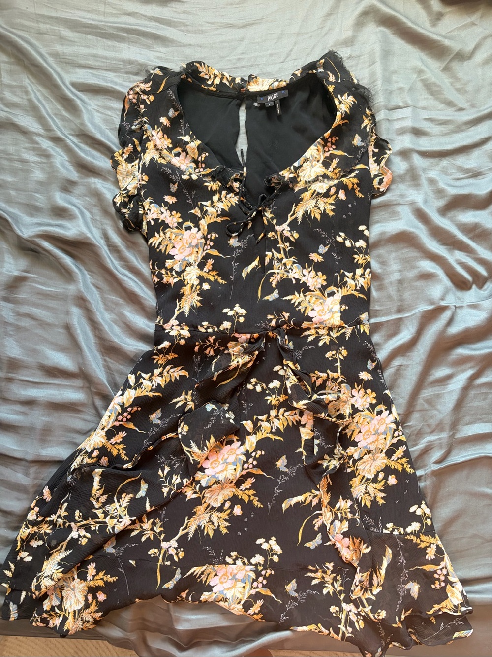 PAIGE Black Floral Mini Dress with Peach & Cream Blooms